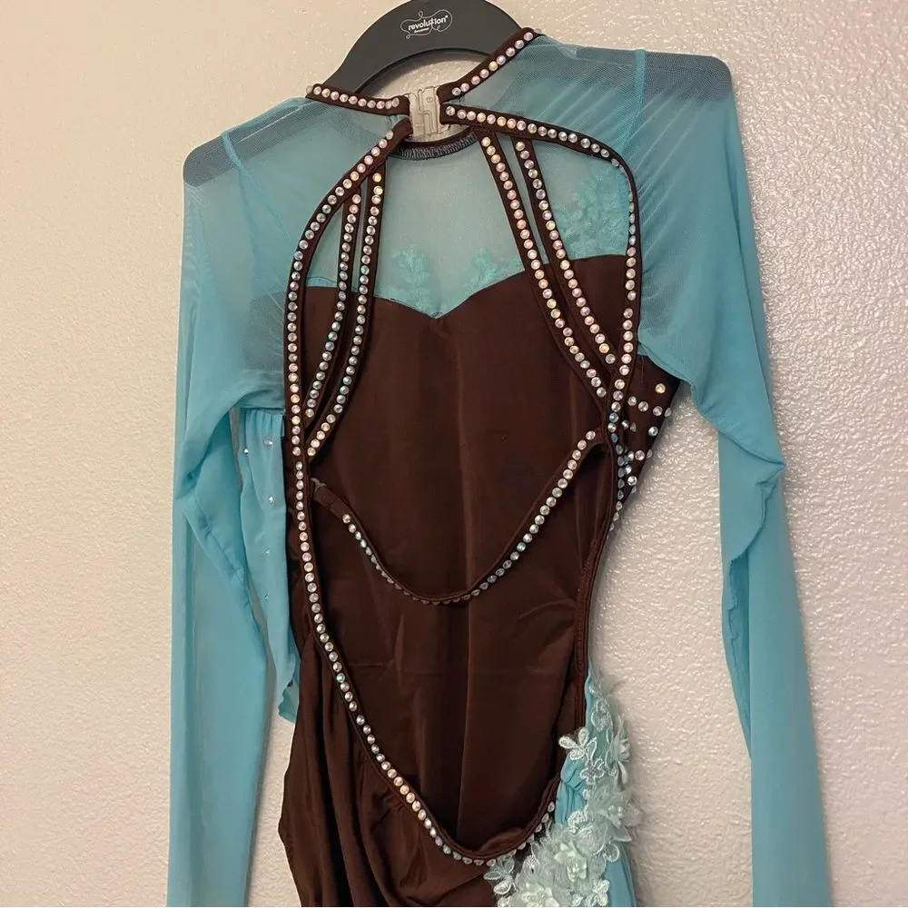 Glamour solo dance costume stoned brown aqua blue lyrical dress MA-Medium adult